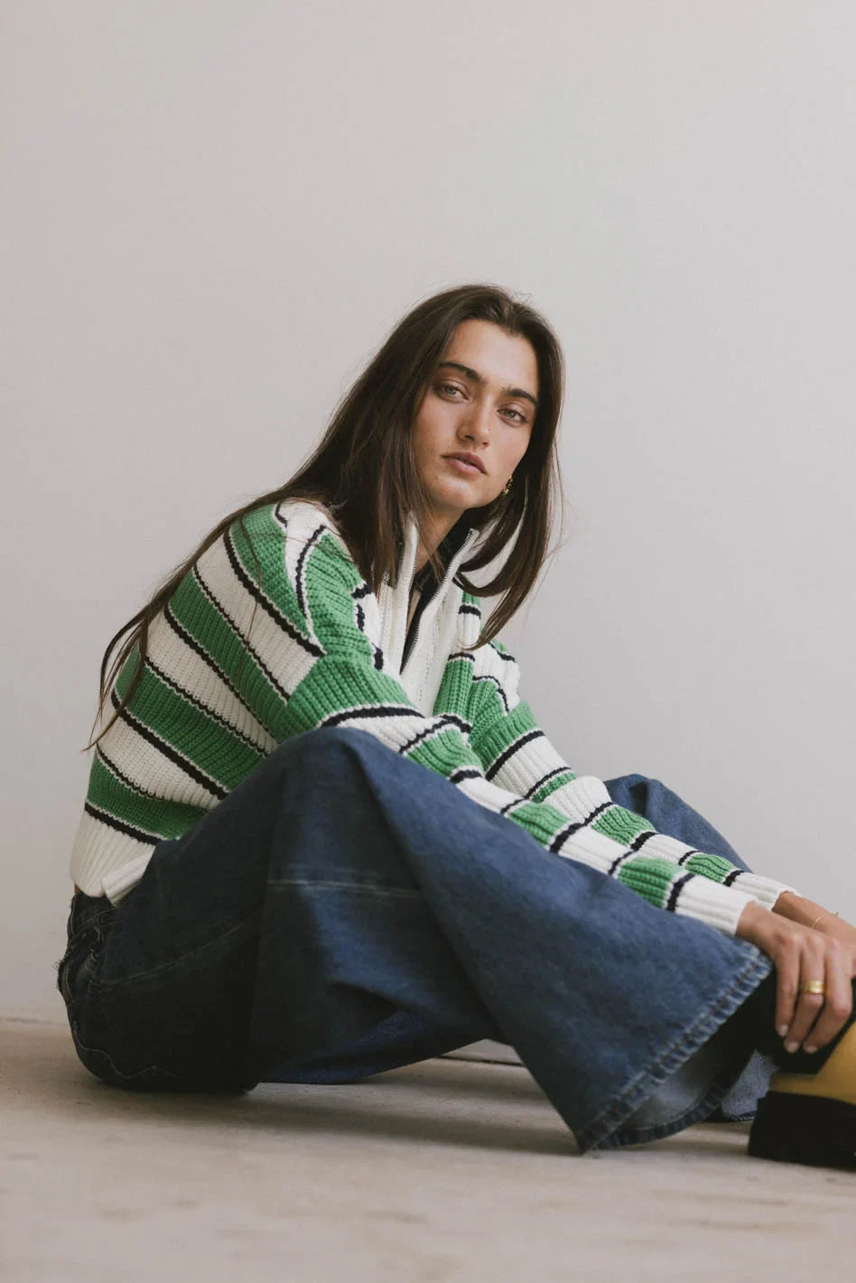 Green Striped Half Zip Sweater