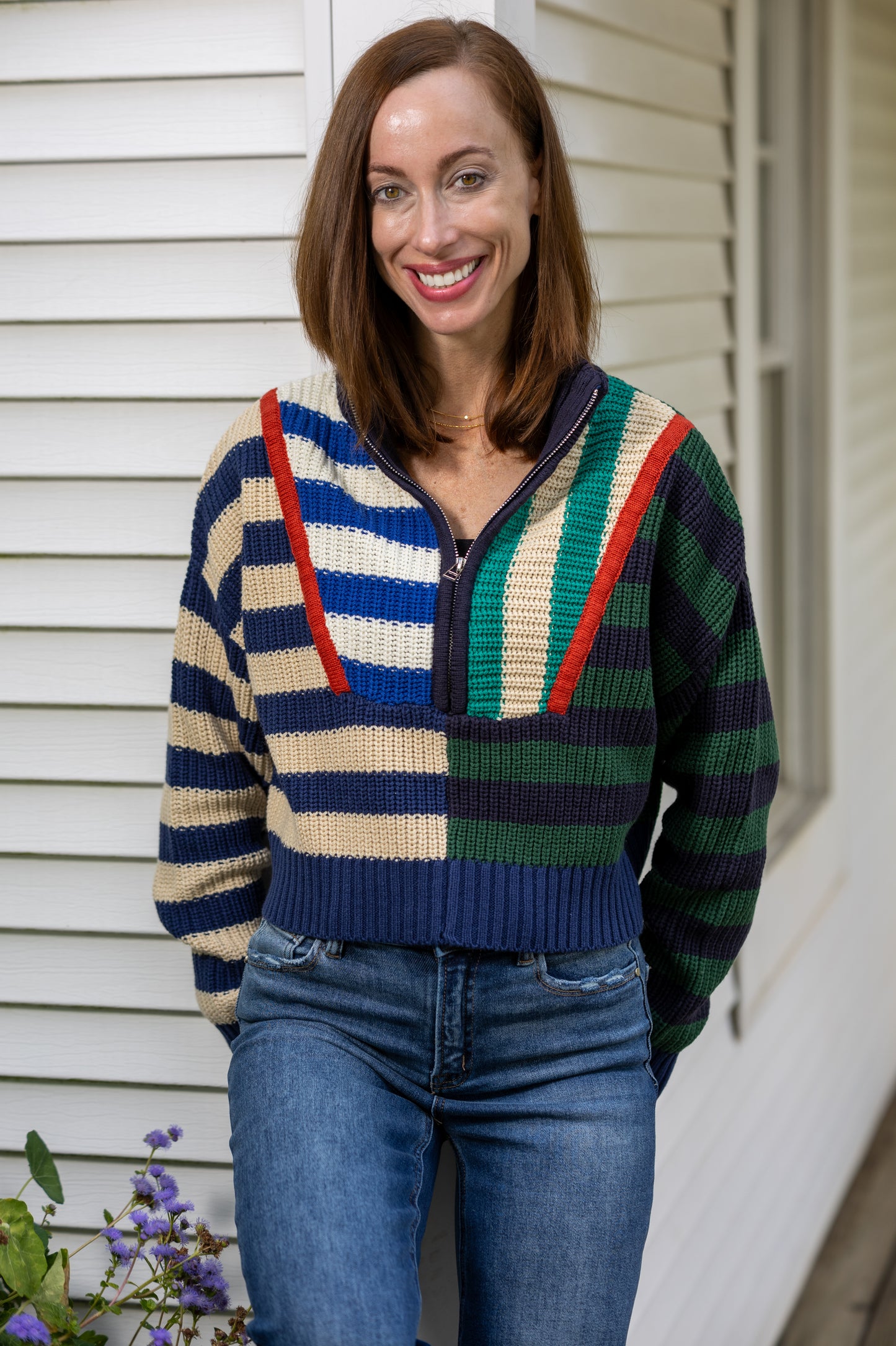 Varsity Colorblock Cropped Half-Zip Sweater