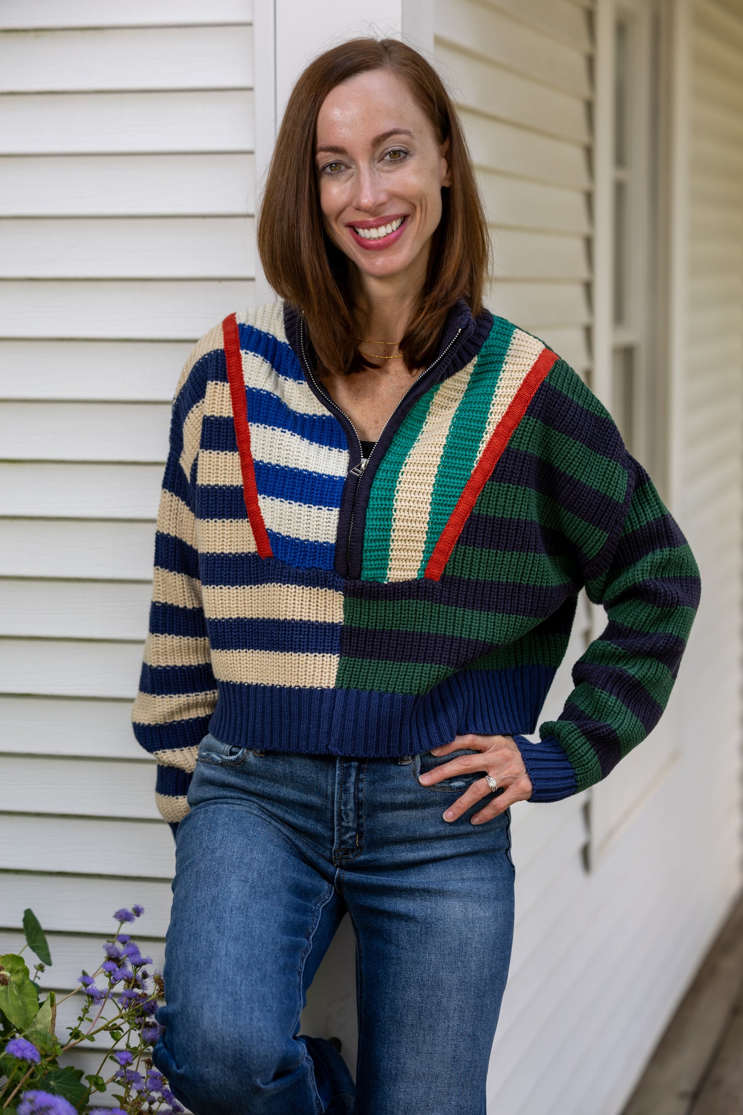 Varsity Colorblock Cropped Half-Zip Sweater