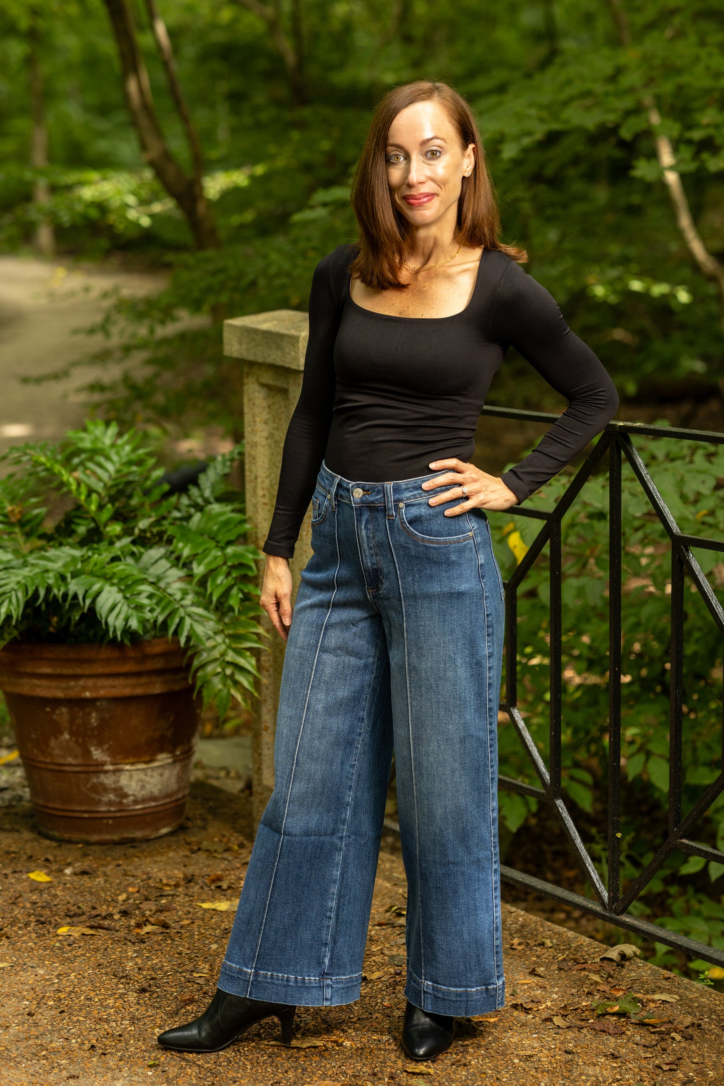 High Rise Wide Leg Jeans with Pin Tuck Detail - Dark Wash