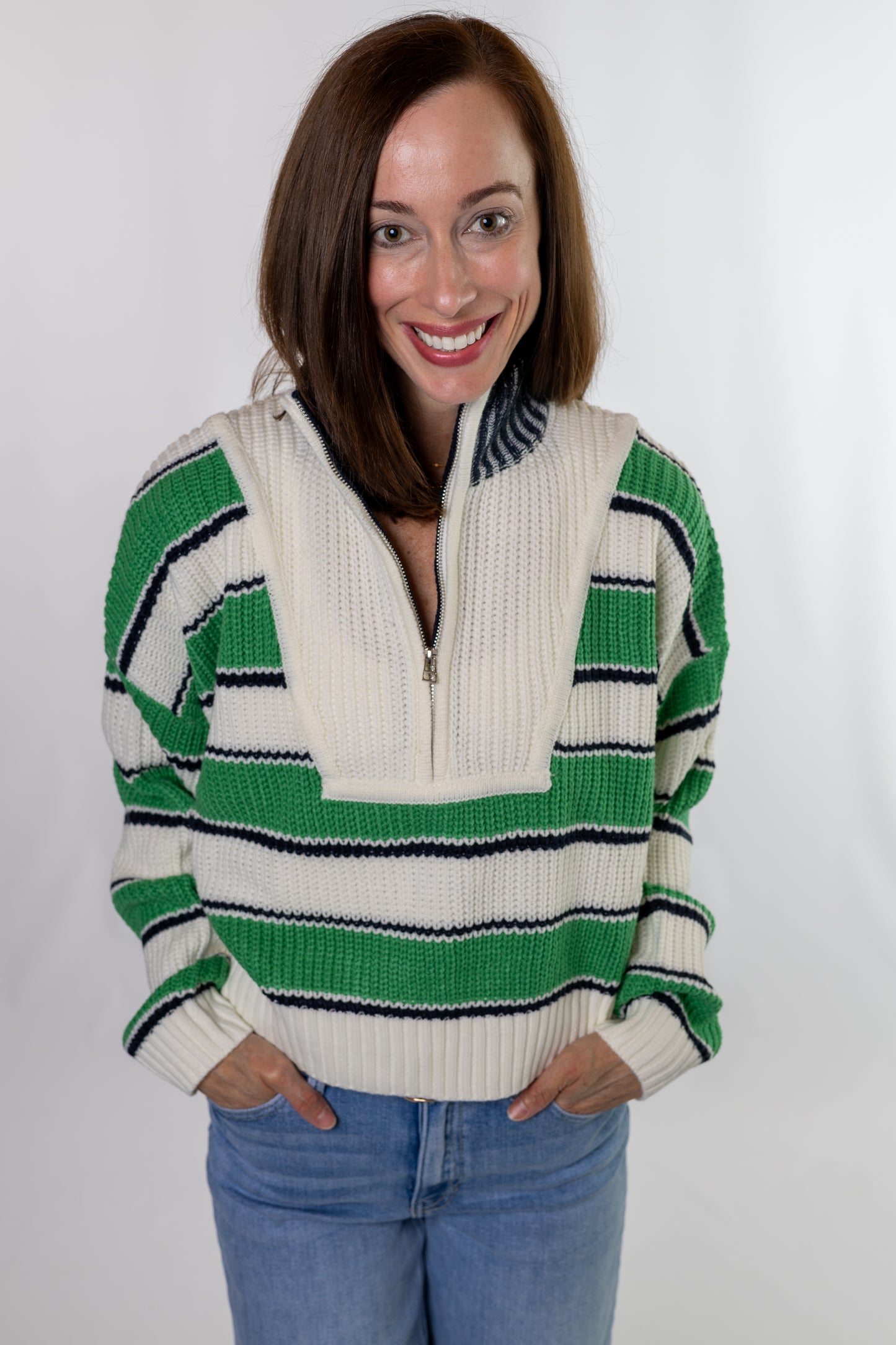 Green Striped Half Zip Sweater