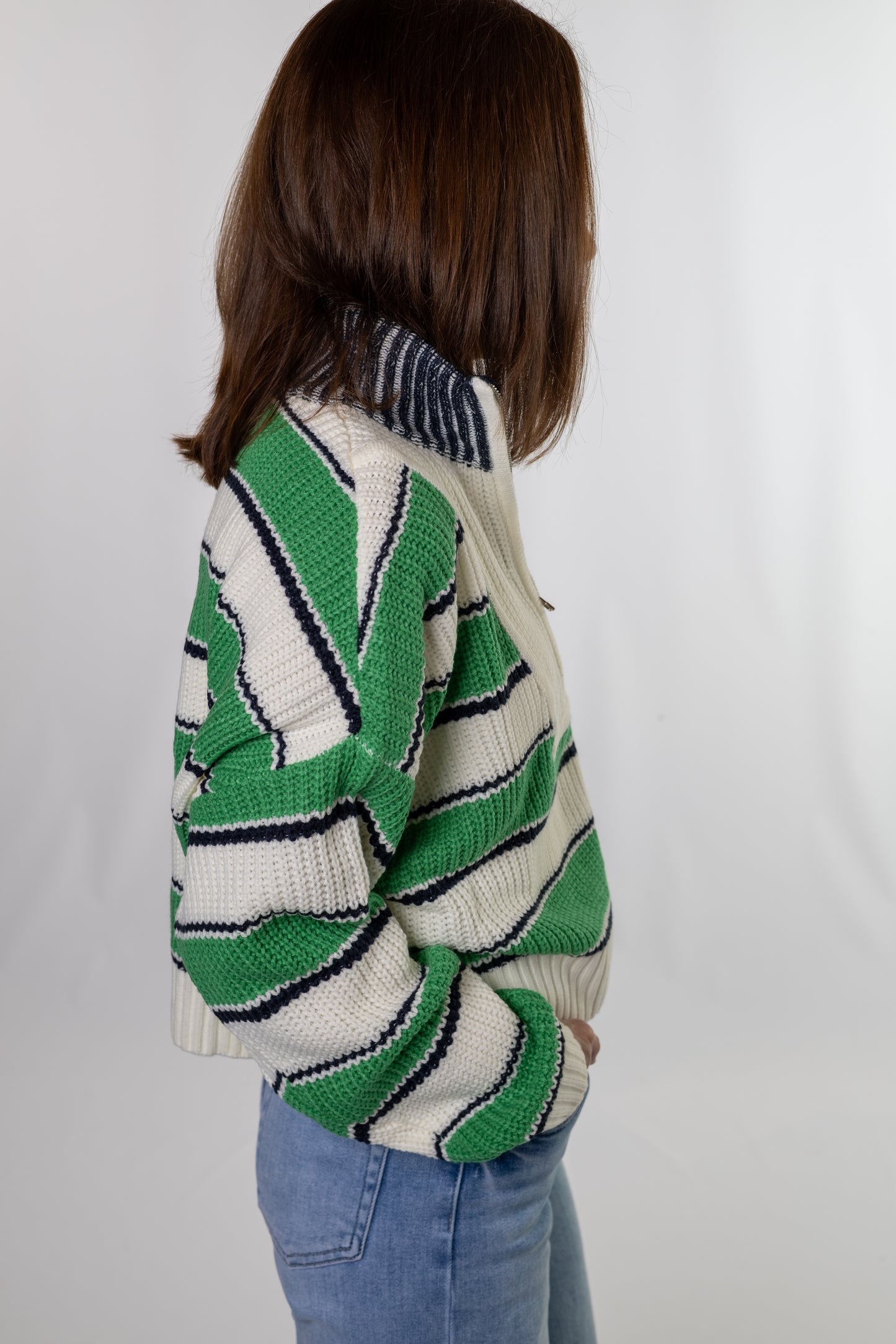 Green Striped Half Zip Sweater