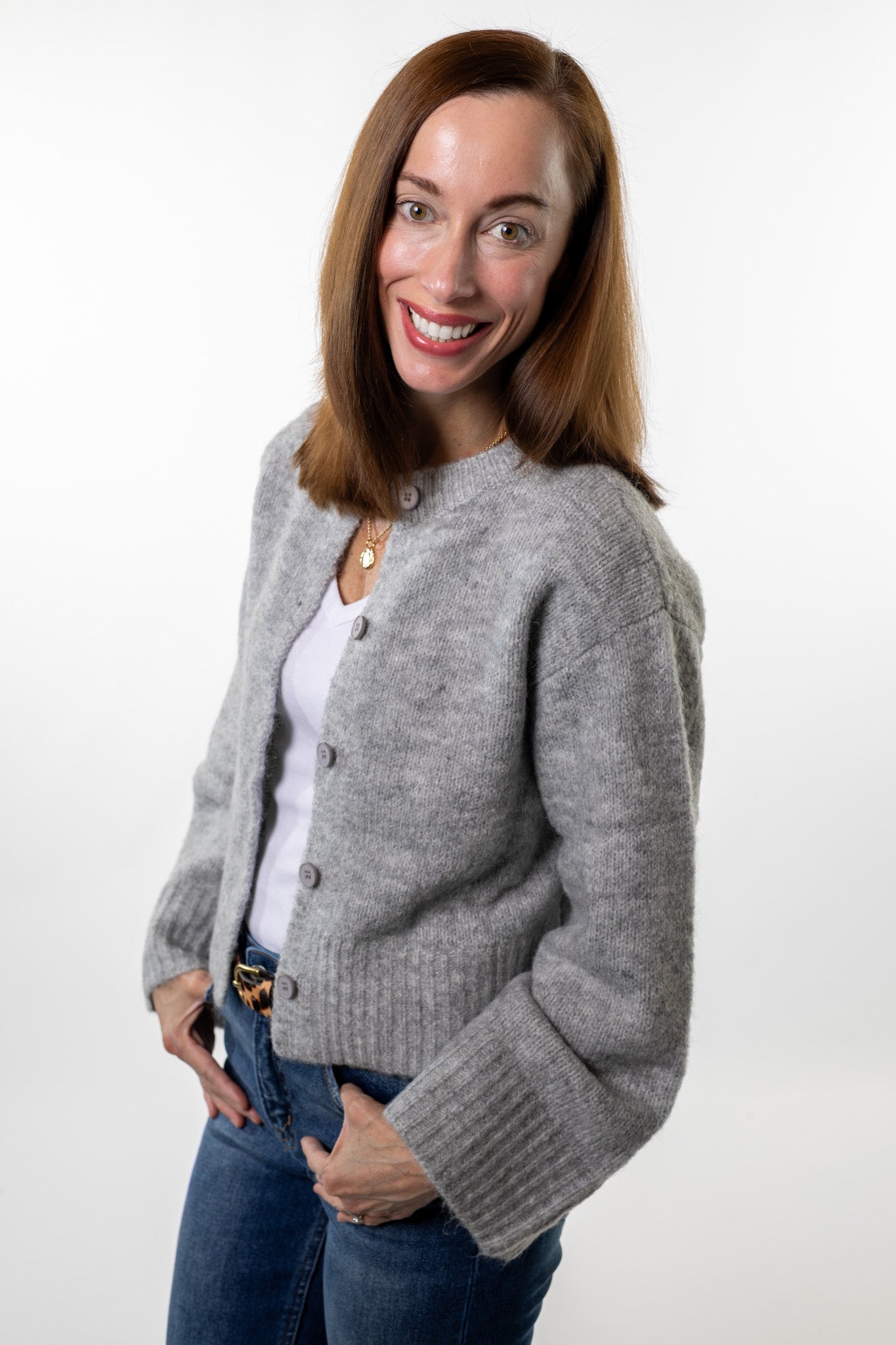 Relaxed gray cardigan outfit — soft textured knit with balloon sleeves paired with denim for a comfy-chic everyday look from Salt & Lavender Clothing.