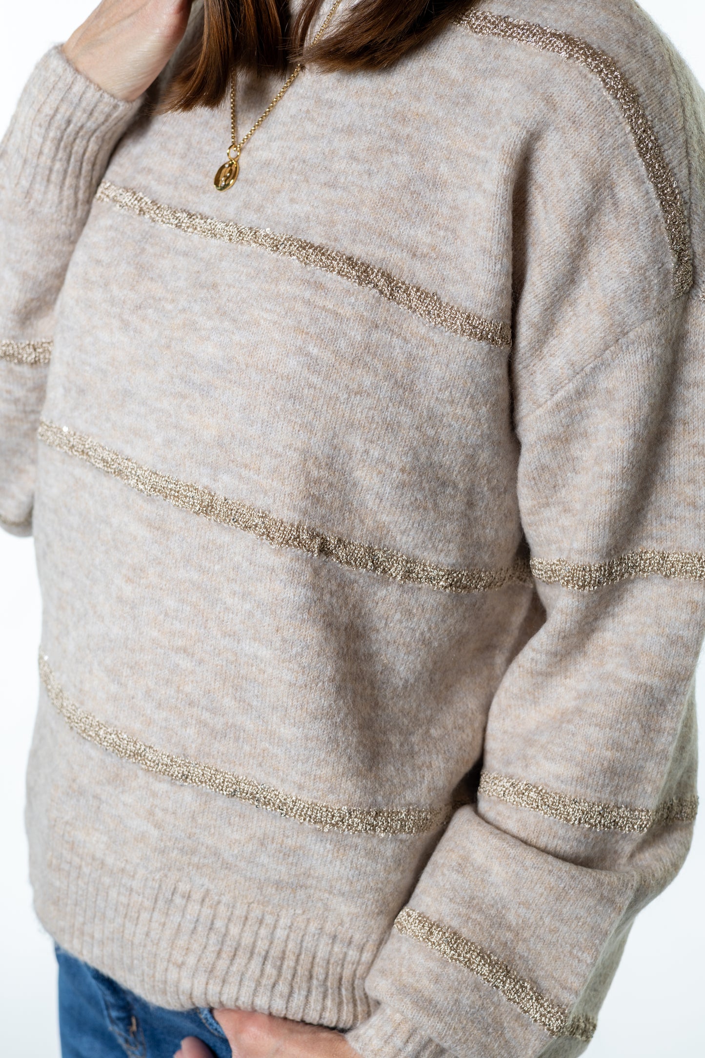 heather beige sweater with gold sequin holiday