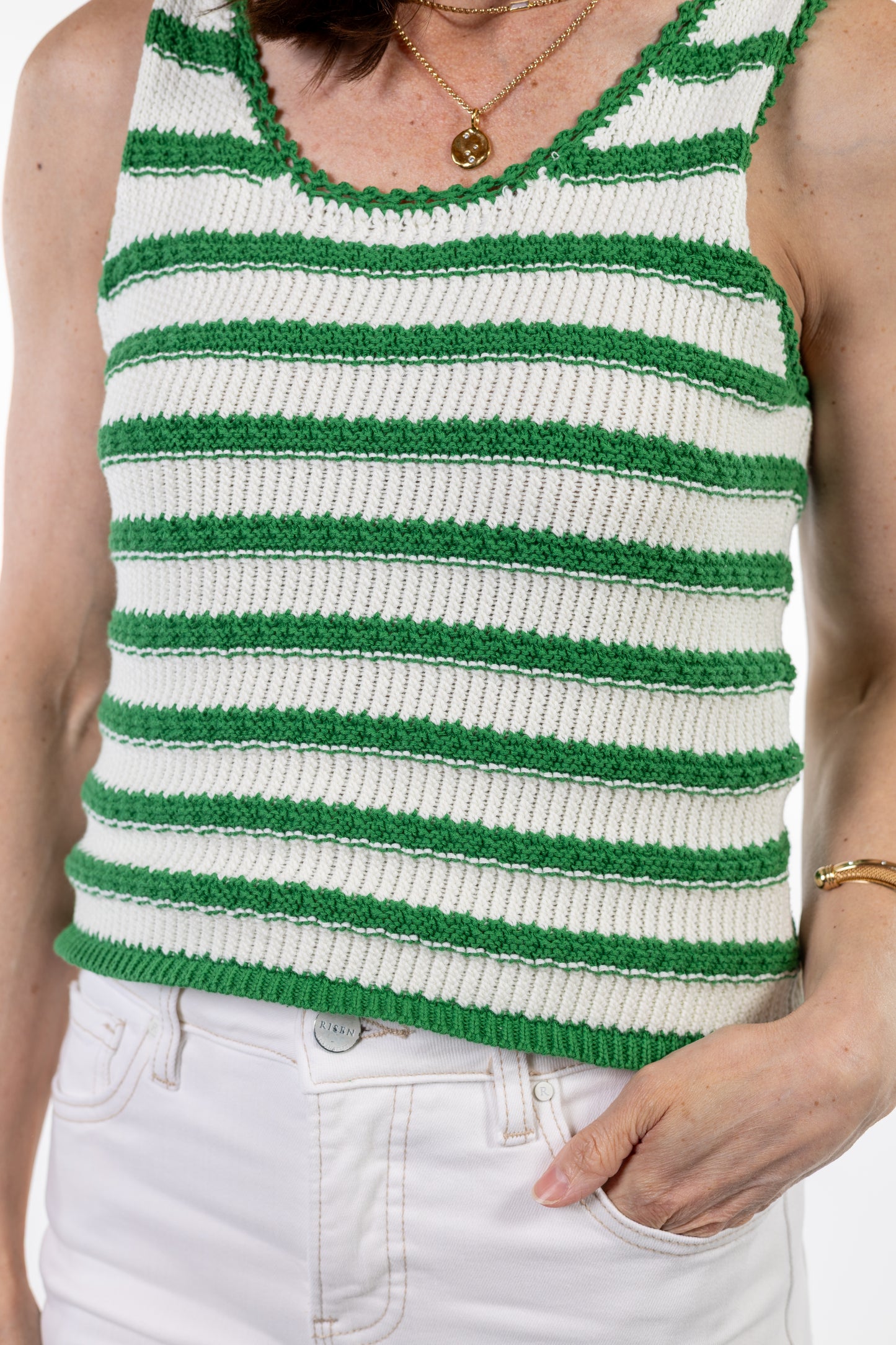 Green & Ivory Striped Crochet Knit Tank Top