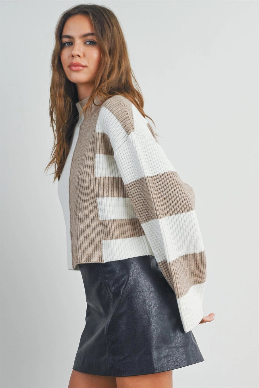 Taupe Color Block Mock Turtleneck Sweater