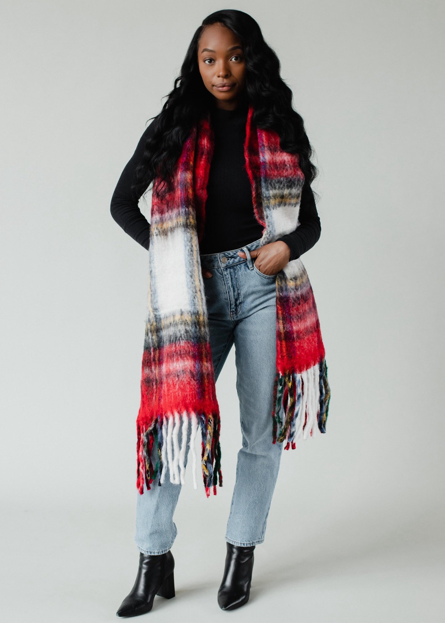Red Plaid Scarf with Fringe