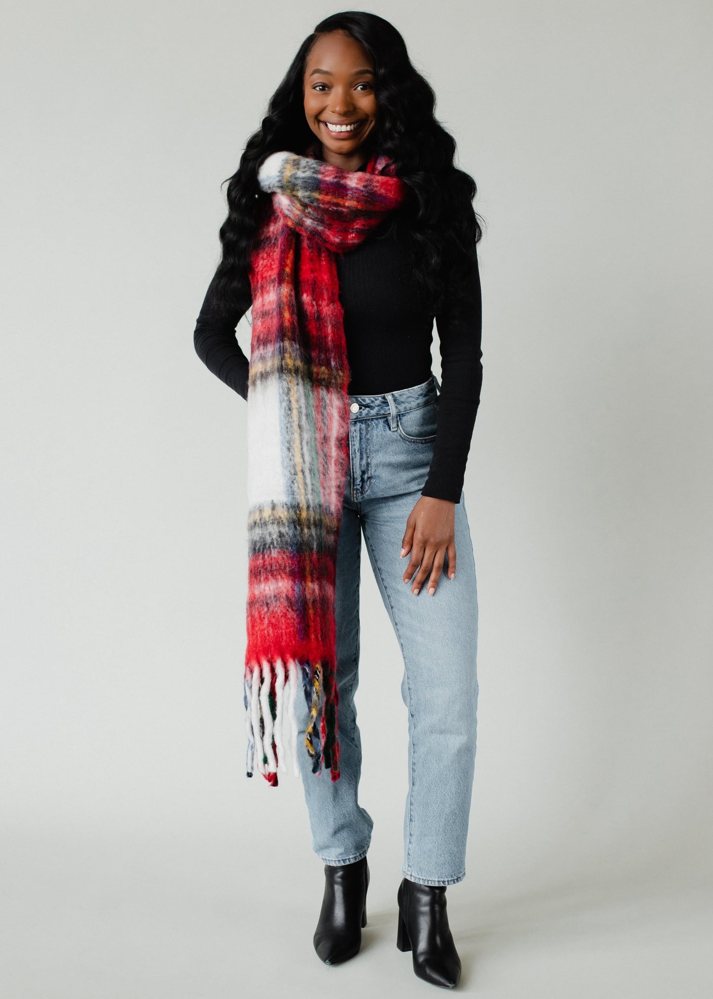 Red Plaid Scarf with Fringe