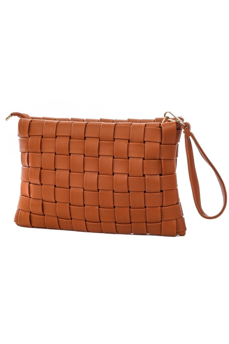 A brown basket weave handbag with a removable wrist strap, zipper closure, and gold detailing.
