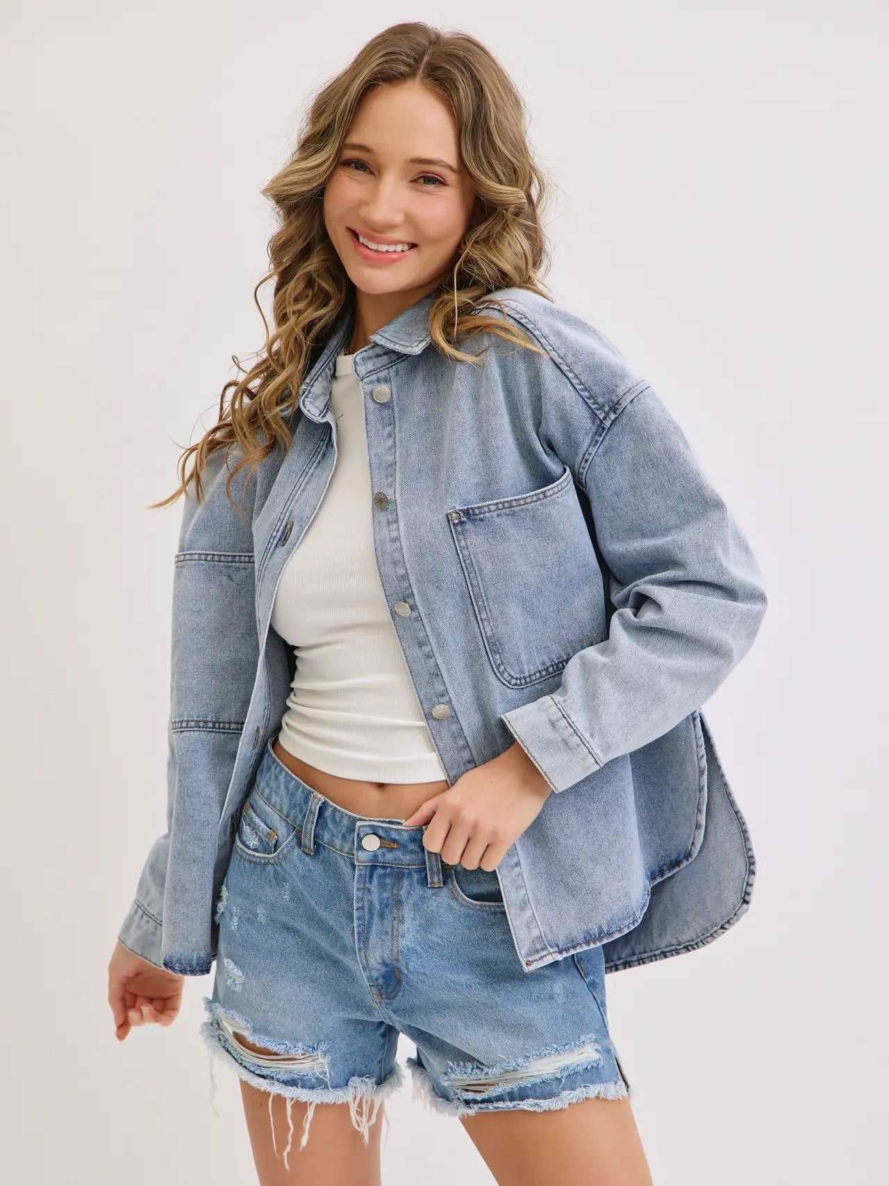 Medium Wash Denim Shirt Jacket with Dolphin Hem | Versatile Casual