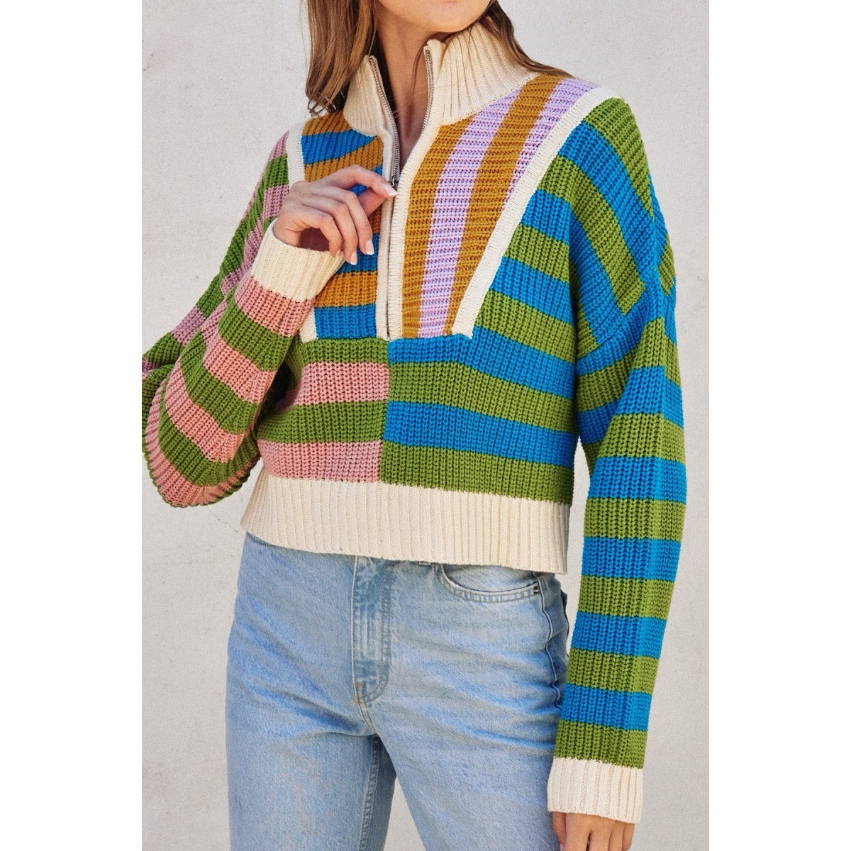 Morning Glory Colorblock Cropped Half-Zip Sweater
