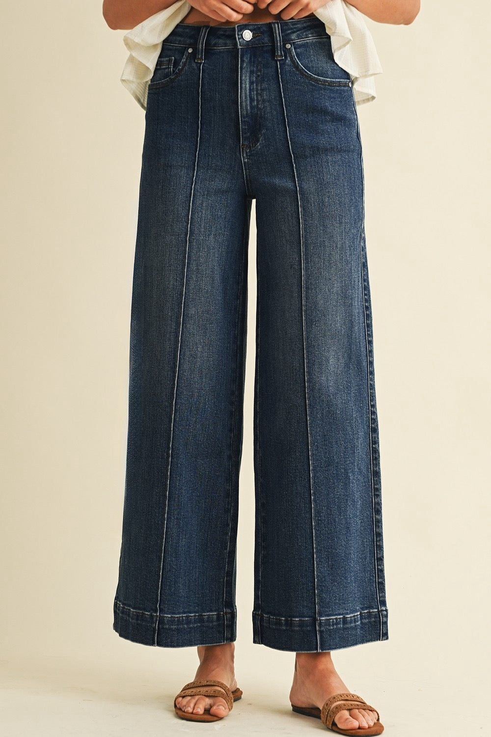 High Rise Wide Leg Jeans with Pin Tuck Detail - Dark Wash