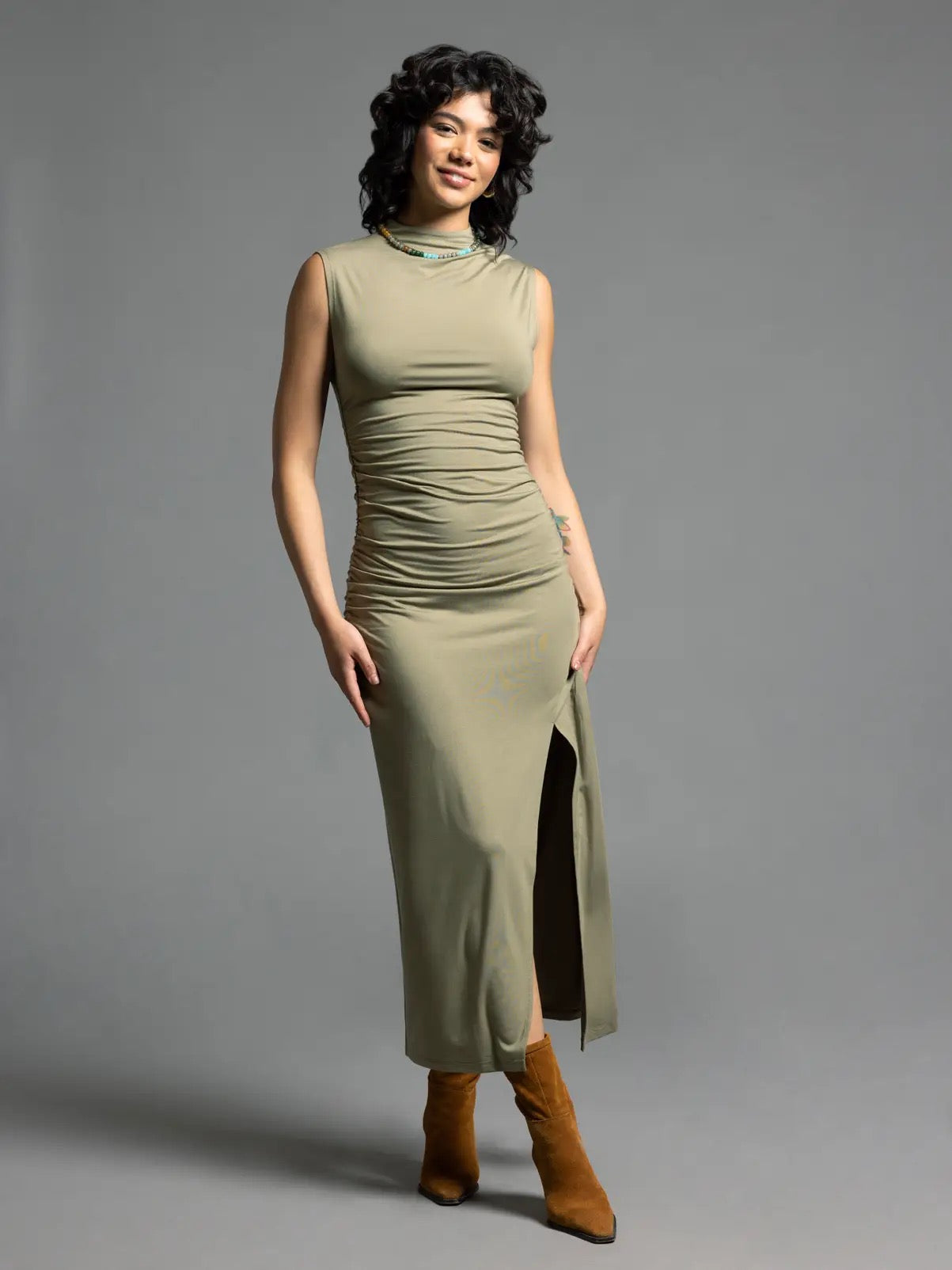Amelia Sage Green Ruched Midi Dress with Mock Neck