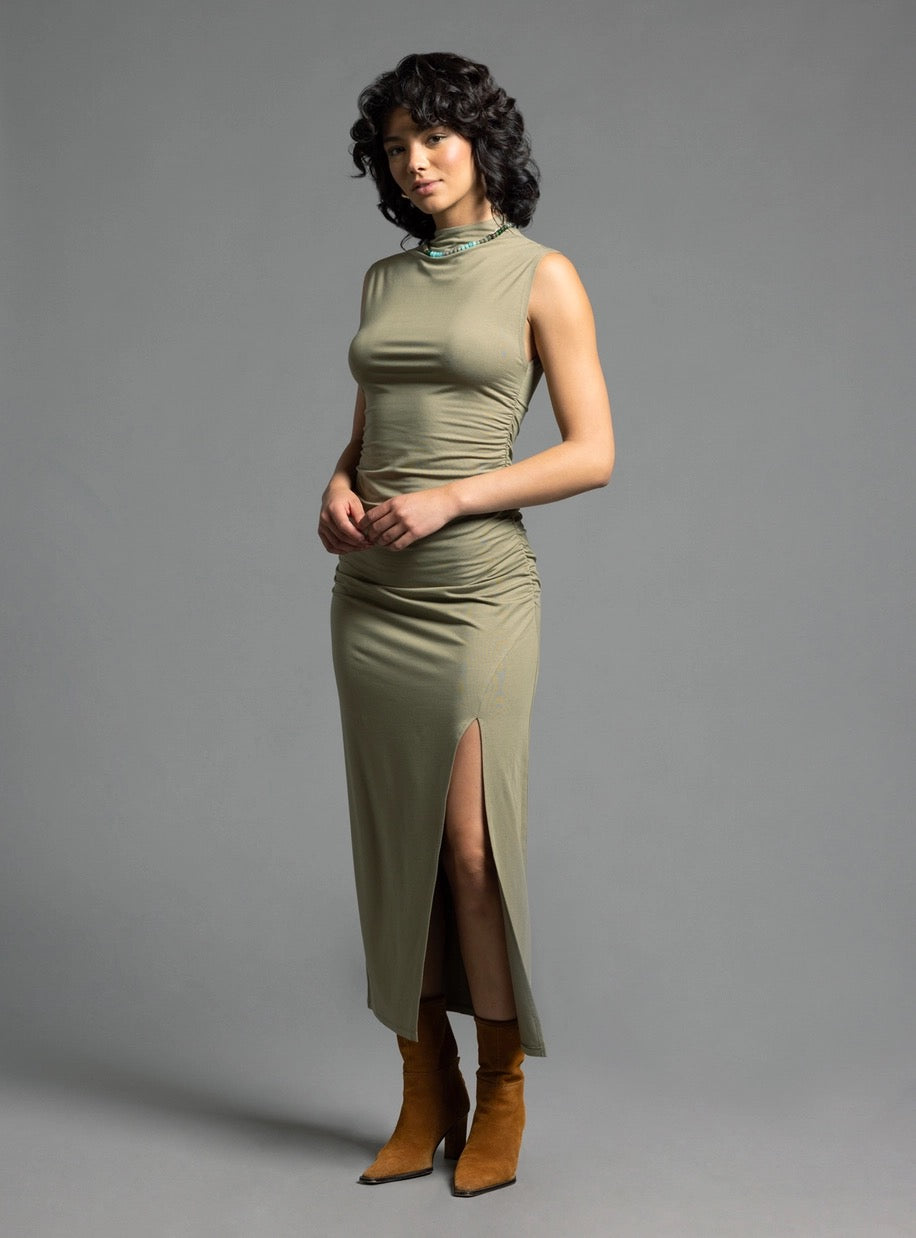 Amelia Sage Green Ruched Midi Dress with Mock Neck