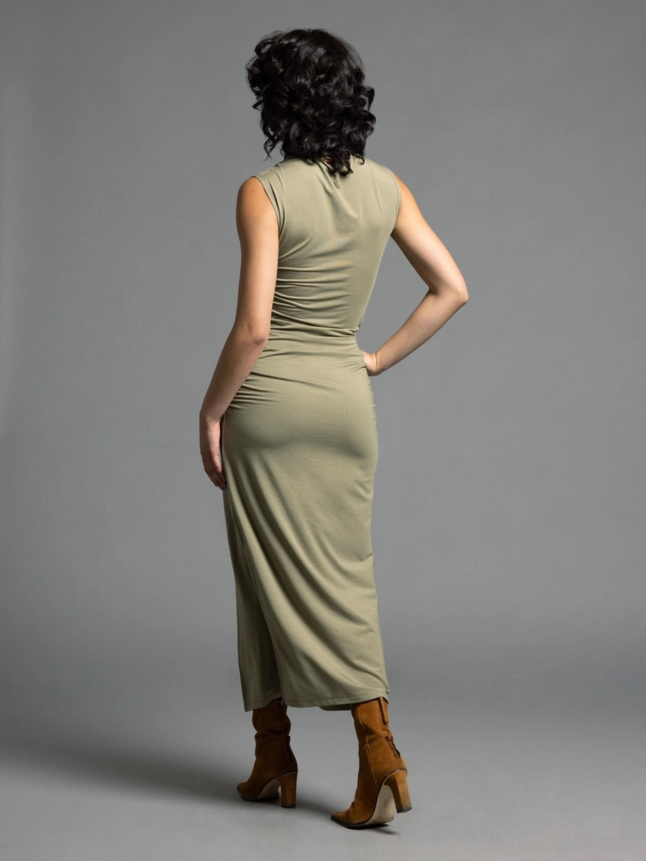 Amelia Sage Green Ruched Midi Dress with Mock Neck