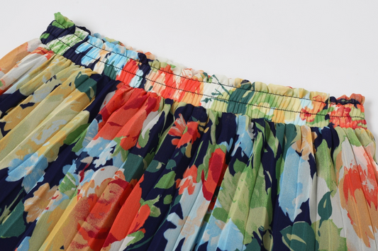 Colorful floral-patterned shorts on a white background