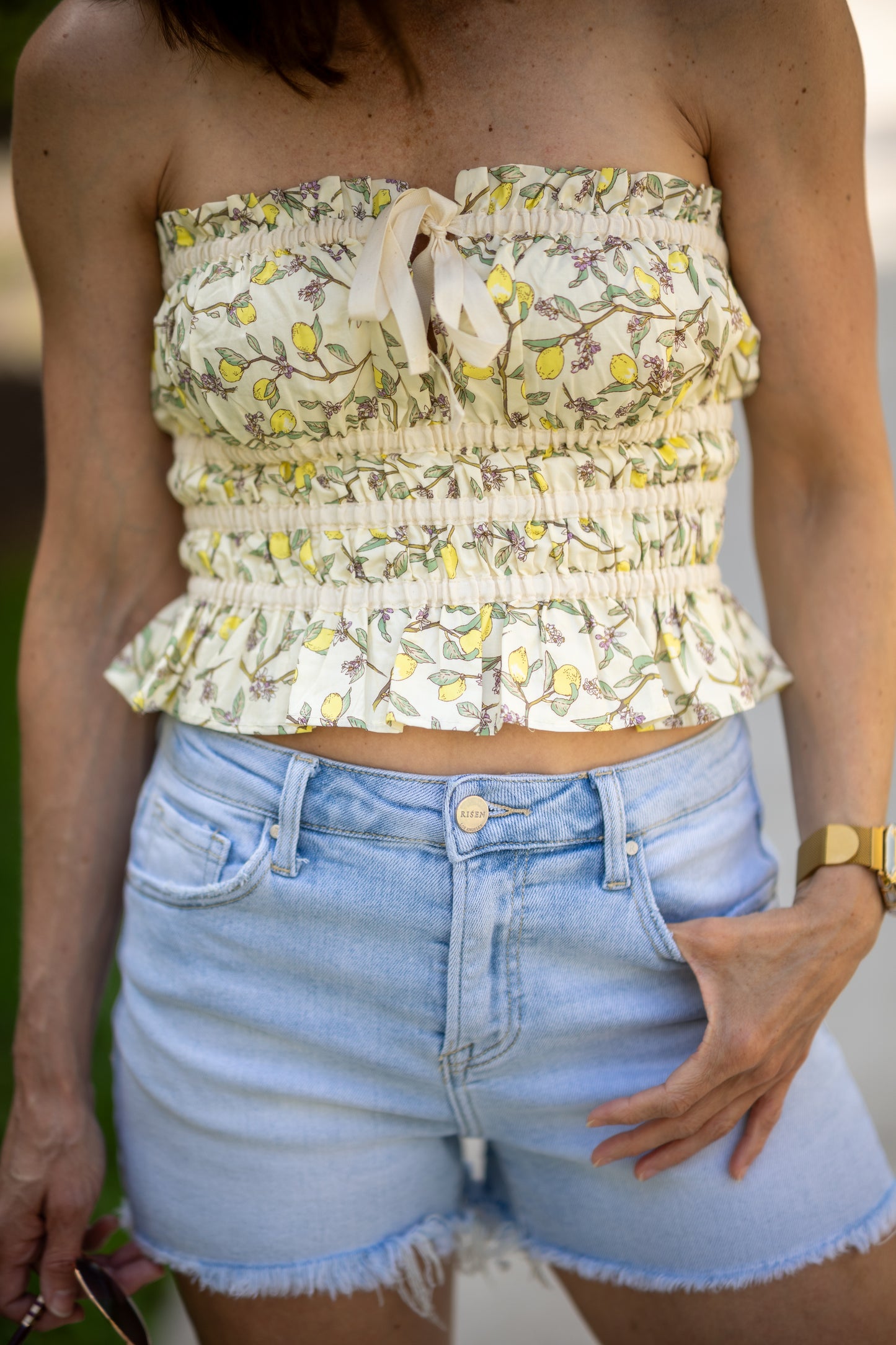 Everland Lemon Botanical Smocked Strapless Top
