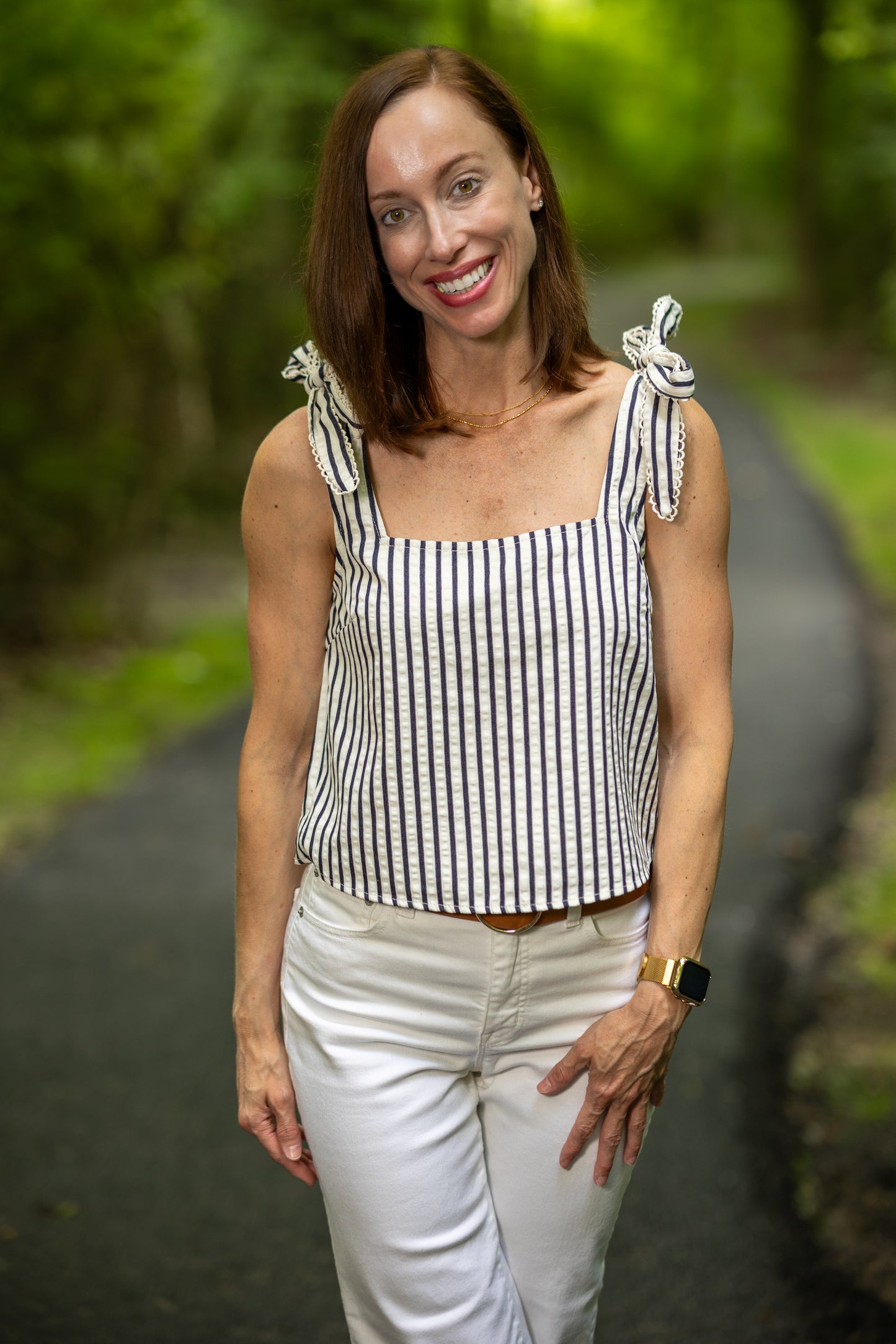 Lapis Striped Tie Strap Top - Ivory Denim