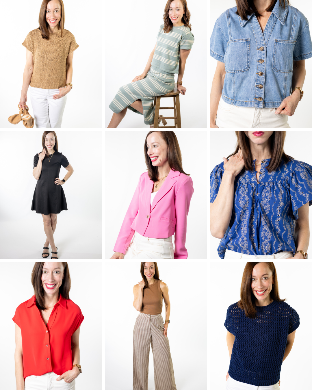 Collage of spring outfit ideas from Salt & Lavender Clothing featuring a black mini dress, red cap sleeve blouse, denim shirt, pink blazer, sage striped knit set, lightweight sweaters, and neutral wide-leg pants for easy everyday style.
