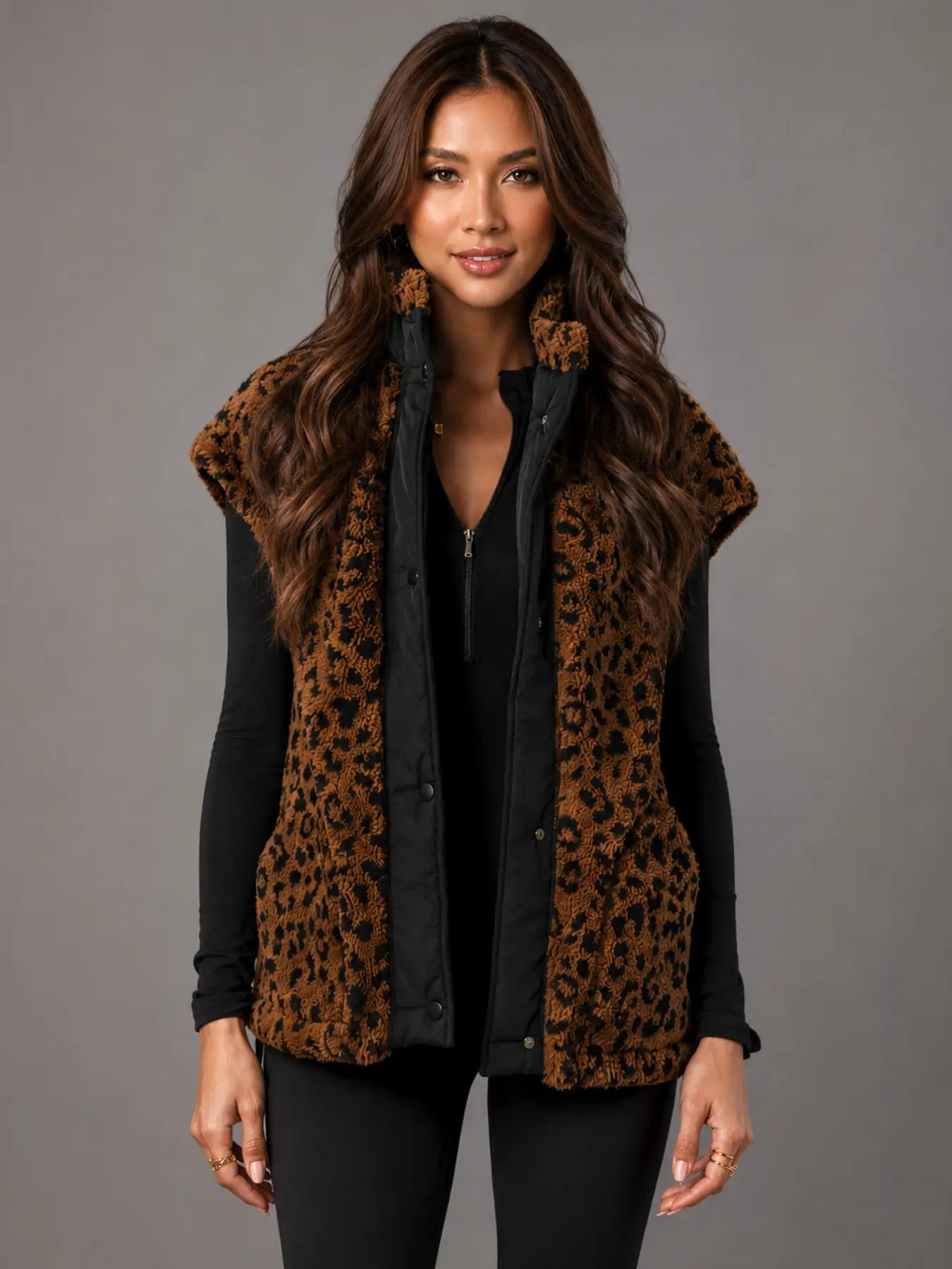Brown & Black Leopard Sherpa Fleece Vest
