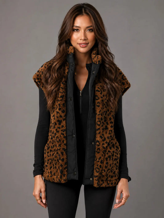 Brown & Black Leopard Sherpa Fleece Vest