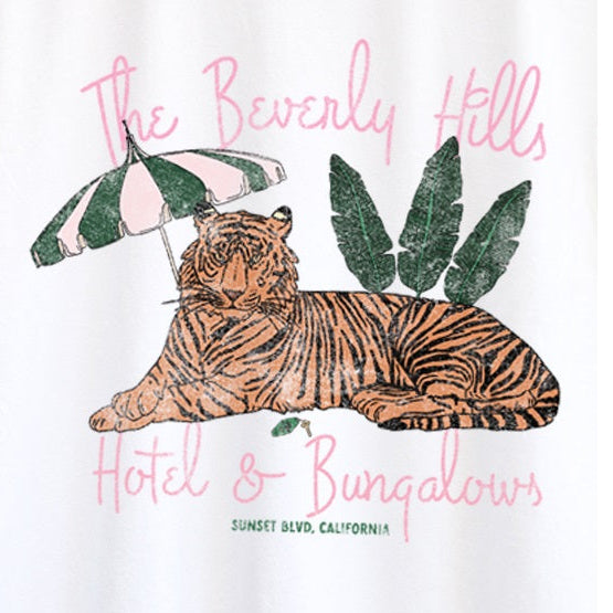 White t-shirt with a tiger graphic and Beverly Hills Hotel & Bungalows text