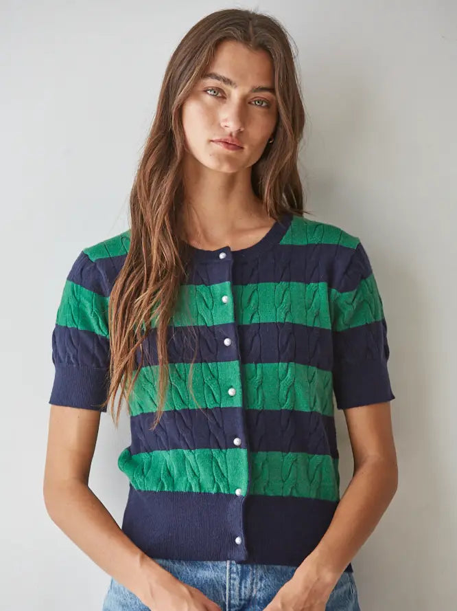 Navy & Green Cable Stripe Cardigan