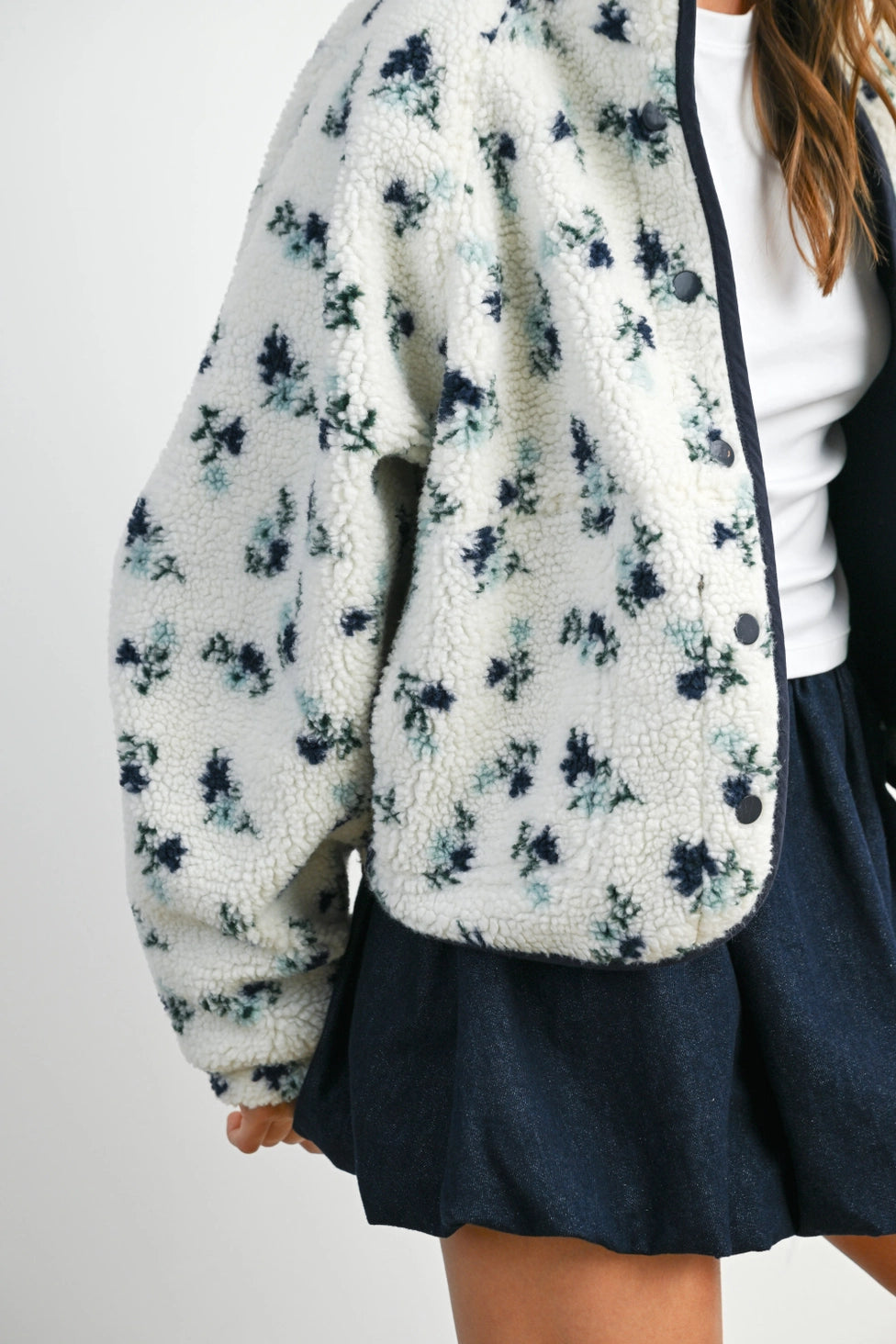 teddy fleece jacket floral print blue and green