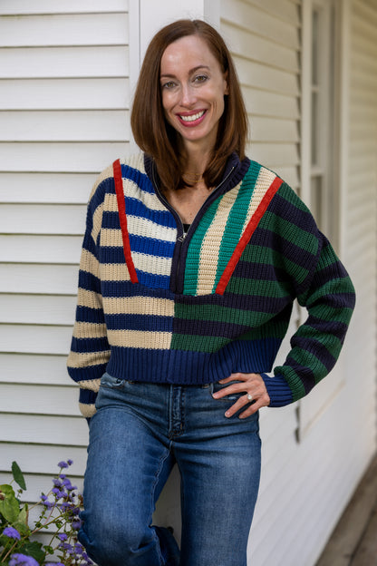 Varsity Colorblock Cropped Half-Zip Sweater