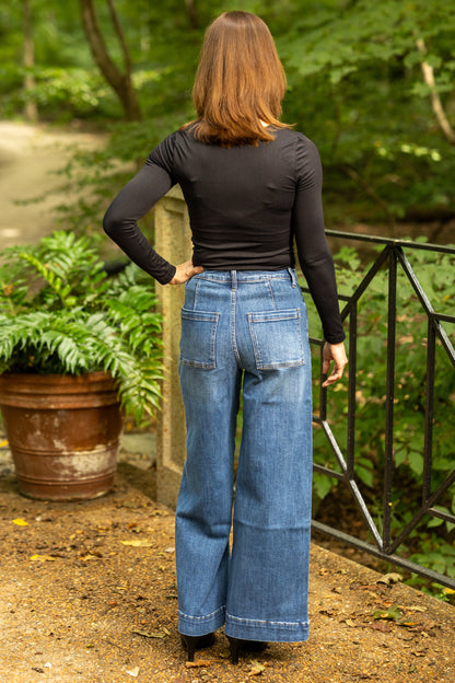 High Rise Wide Leg Jeans with Pin Tuck Detail - Dark Wash