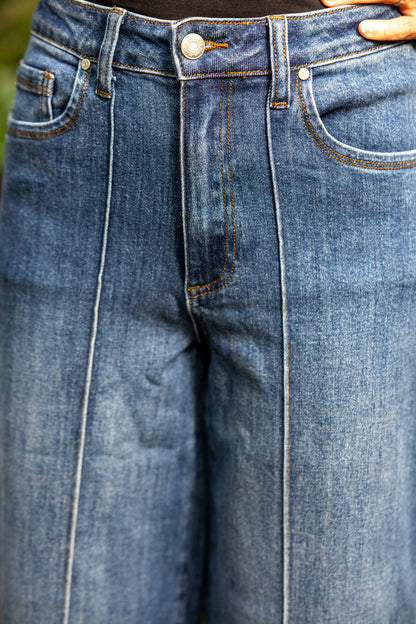 High Rise Wide Leg Jeans with Pin Tuck Detail - Dark Wash
