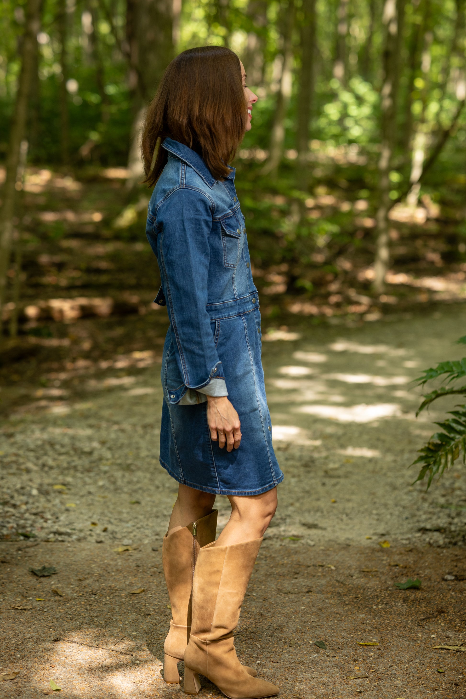 long button down denim dress Women's Long Sleeve Casual Faux Pocket Button Down Belted Denim Dress