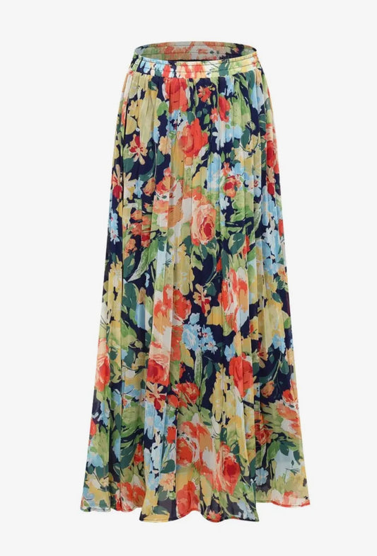 Floral patterned navy and coral skirt on a white background