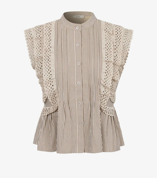 Striped blouse with lace sleeves on a white background