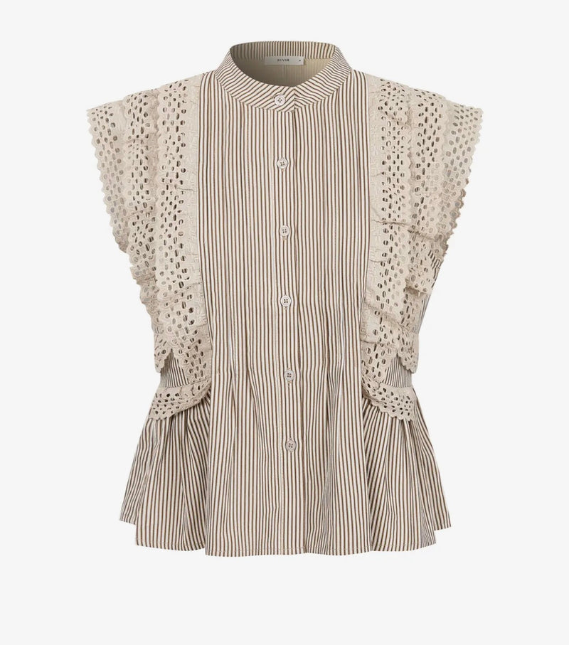Striped blouse with lace sleeves on a white background