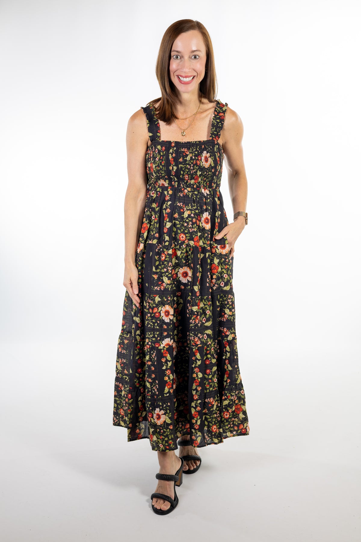 Midnight Floral Smocked Midi Dress
