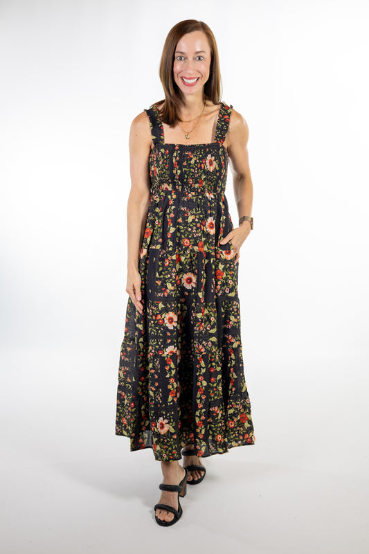 Midnight Floral Smocked Midi Dress