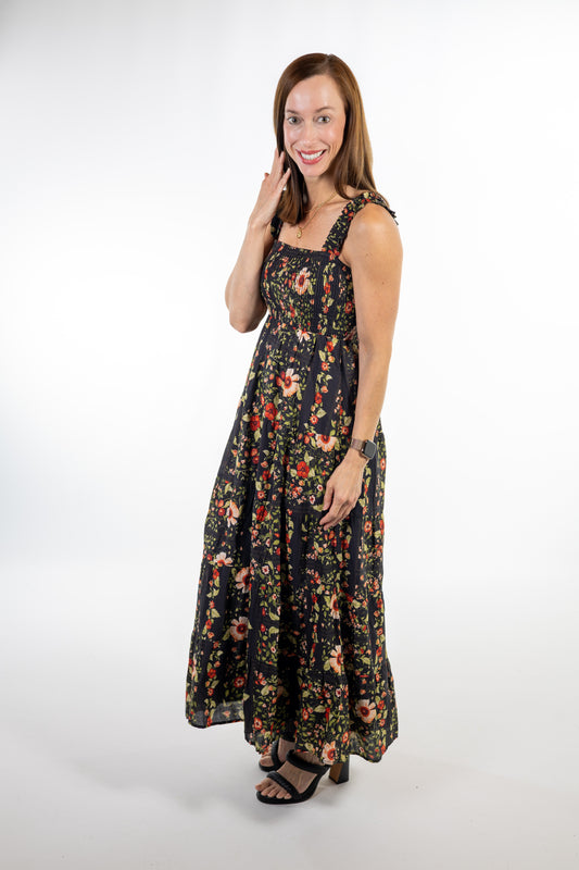 Midnight Floral Smocked Midi Dress