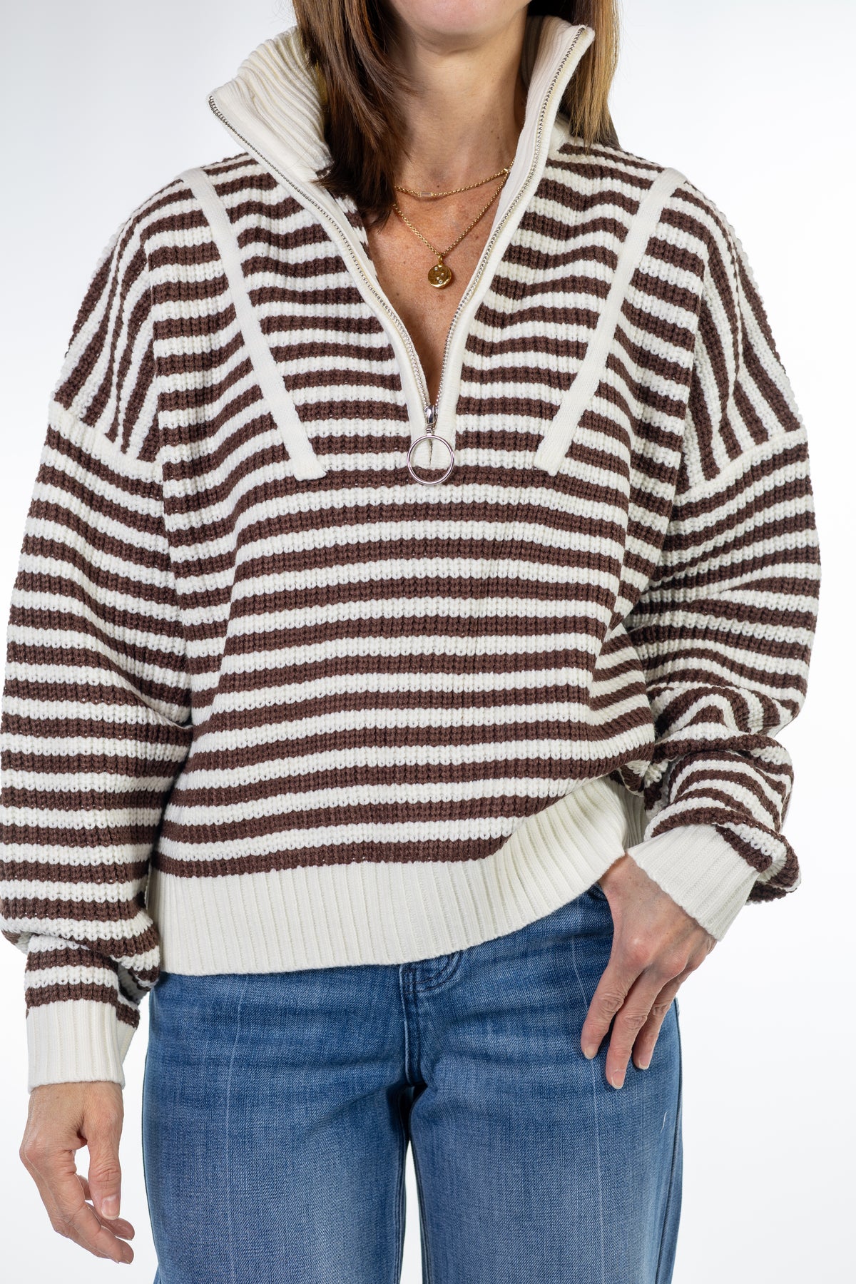 Brown Striped Chunky-Knit Half-Zip Sweater