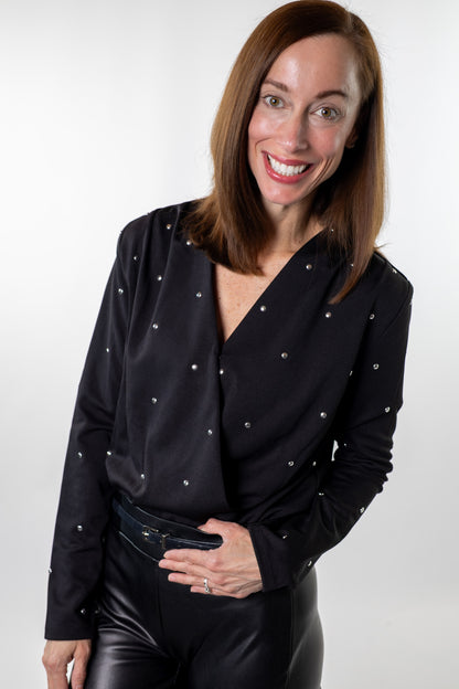 black studded bodysuit, wrap top, holiday outfit, Salt & Lavender Clothing