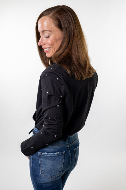 wrap bodysuit, silver stud detail, night-out outfit, boutique style