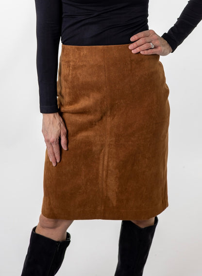 Faux suede pencil skirt outfit idea — rich camel-brown texture styled with a black fitted top and gold jewelry, a classy neutral fall look by Salt & Lavender Clothing.