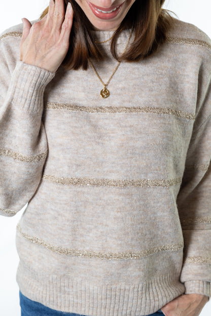 heather beige sweater with gold stripes holiday
