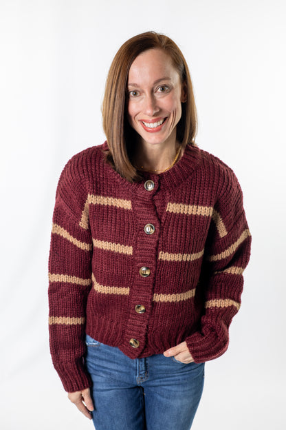 Burgundy and beige cardigan