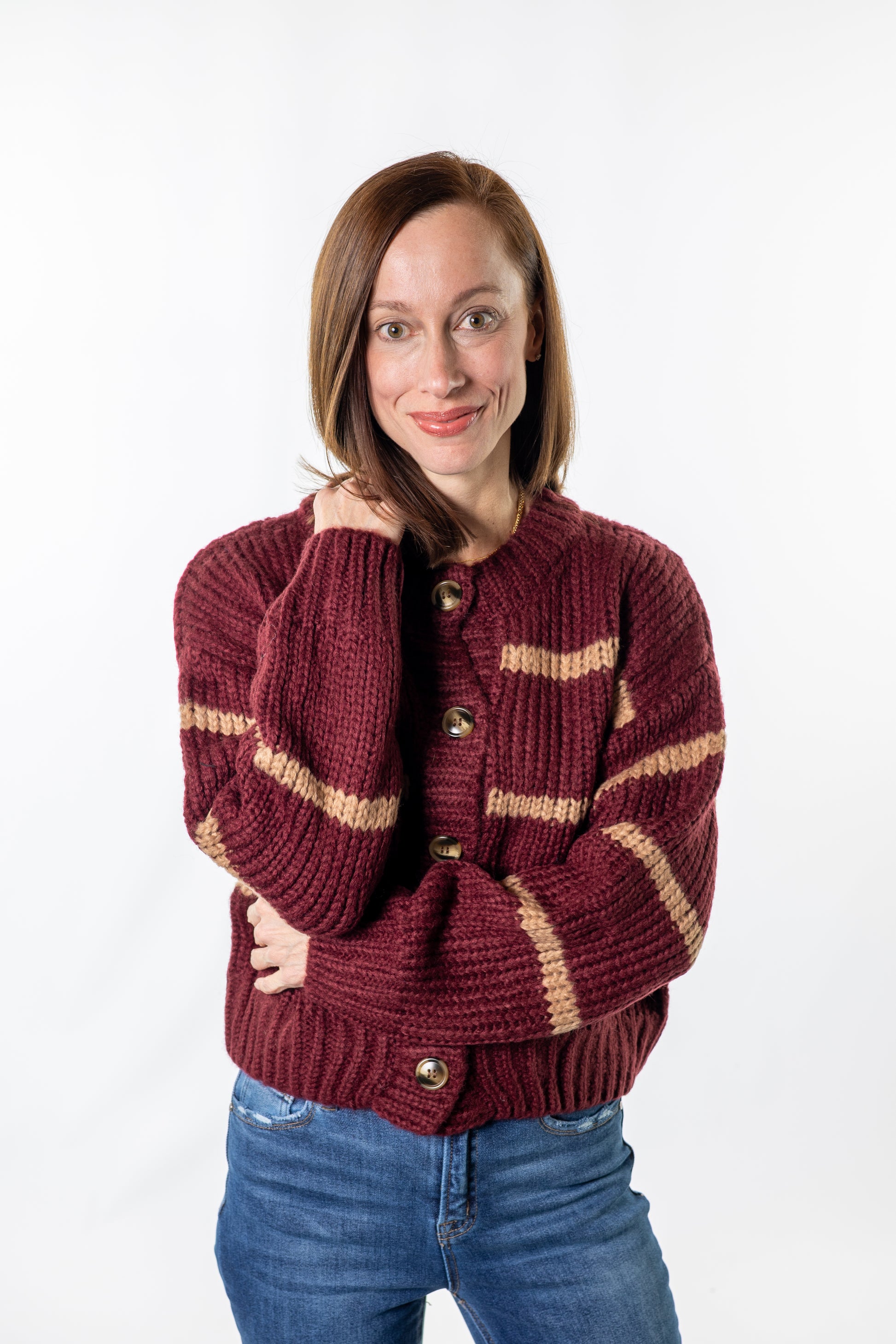 Burgundy and beige stripe sweater cardigan