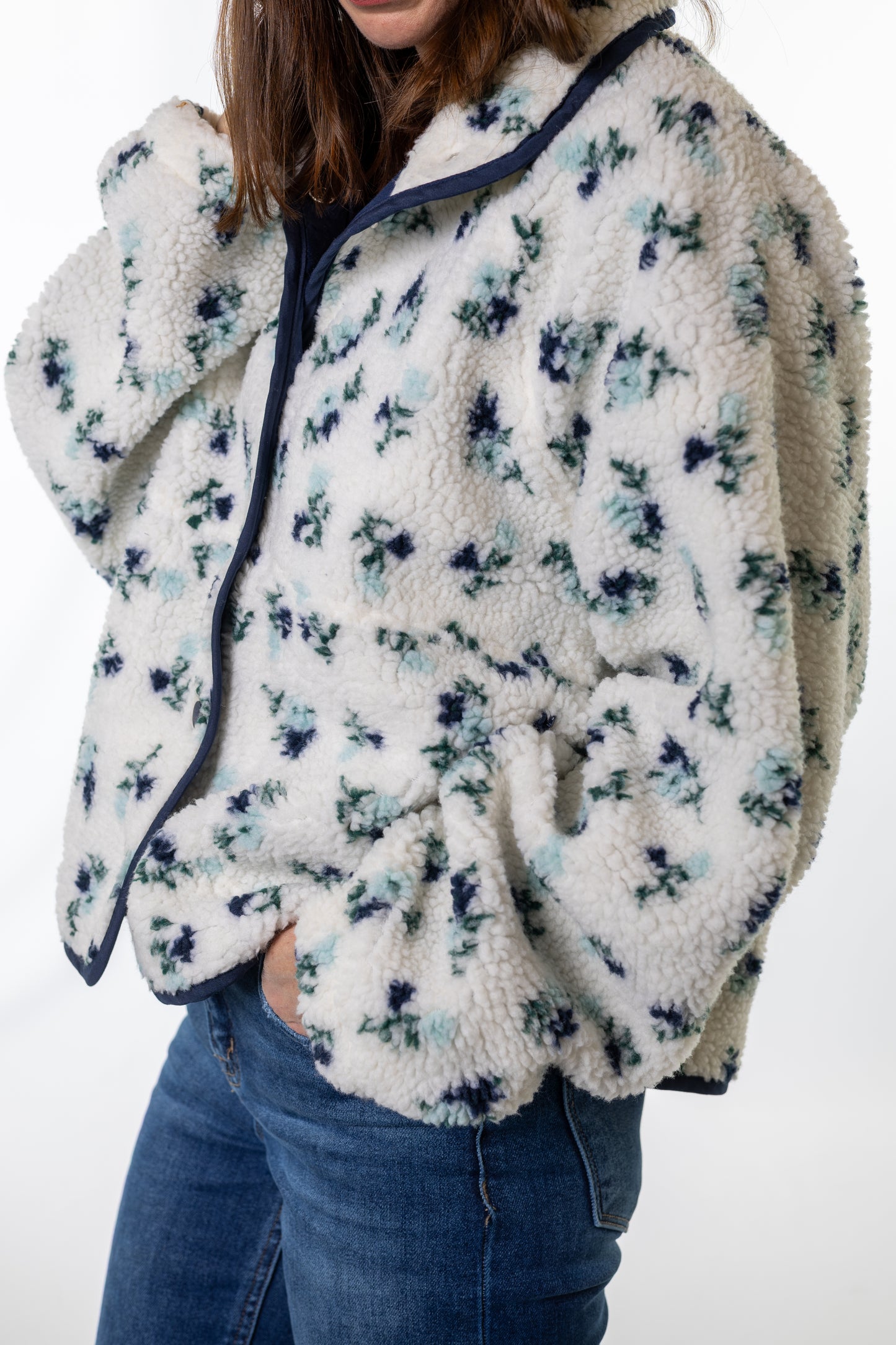 Ivory & Navy Floral Fleece Jacket