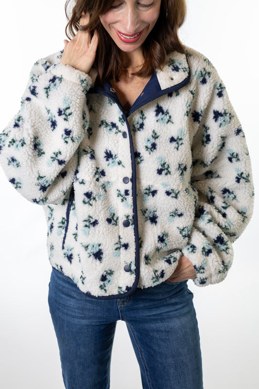 Ivory & Navy Floral Fleece Jacket
