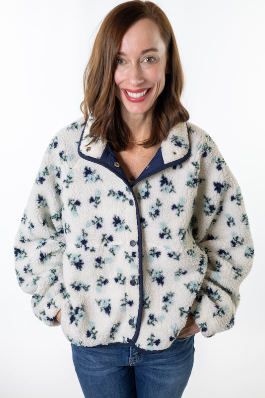 Ivory & Navy Floral Fleece Jacket