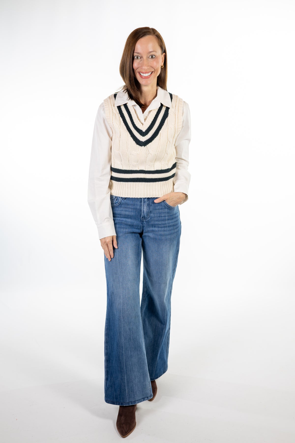 Cream Cable Knit Sweater Vest with Hunter Green Stripes