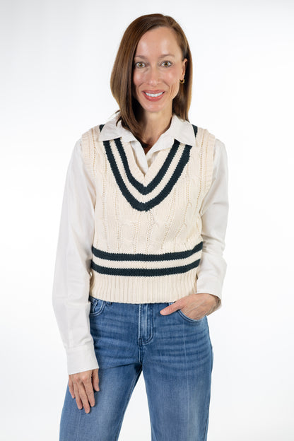 Cream Cable Knit Sweater Vest with Hunter Green Stripes